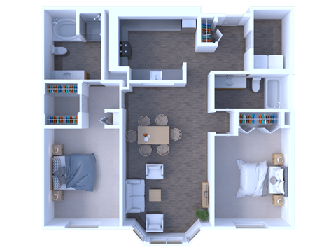 Floor plan for 2 beds, 2 baths, 1075 sqft